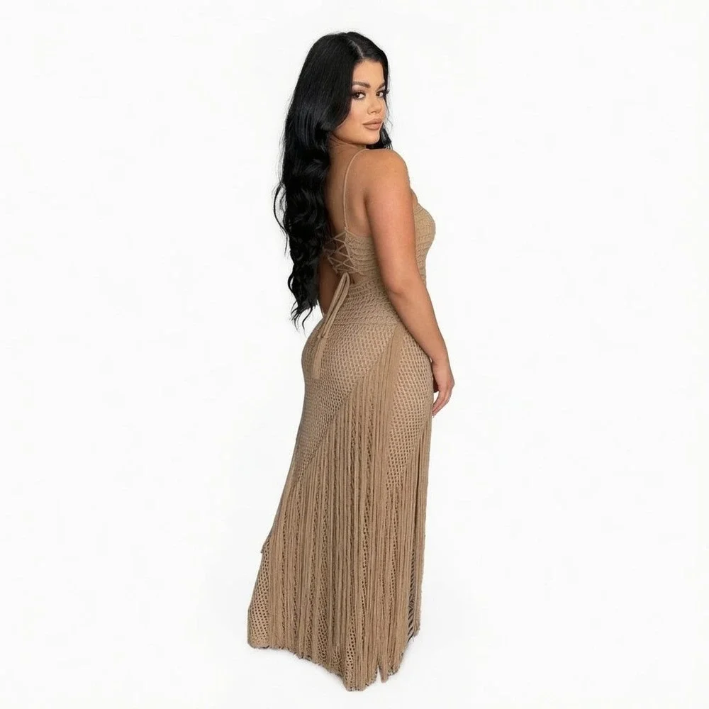 boho crochet fringe maxi dress M tan cutout lace up back resort